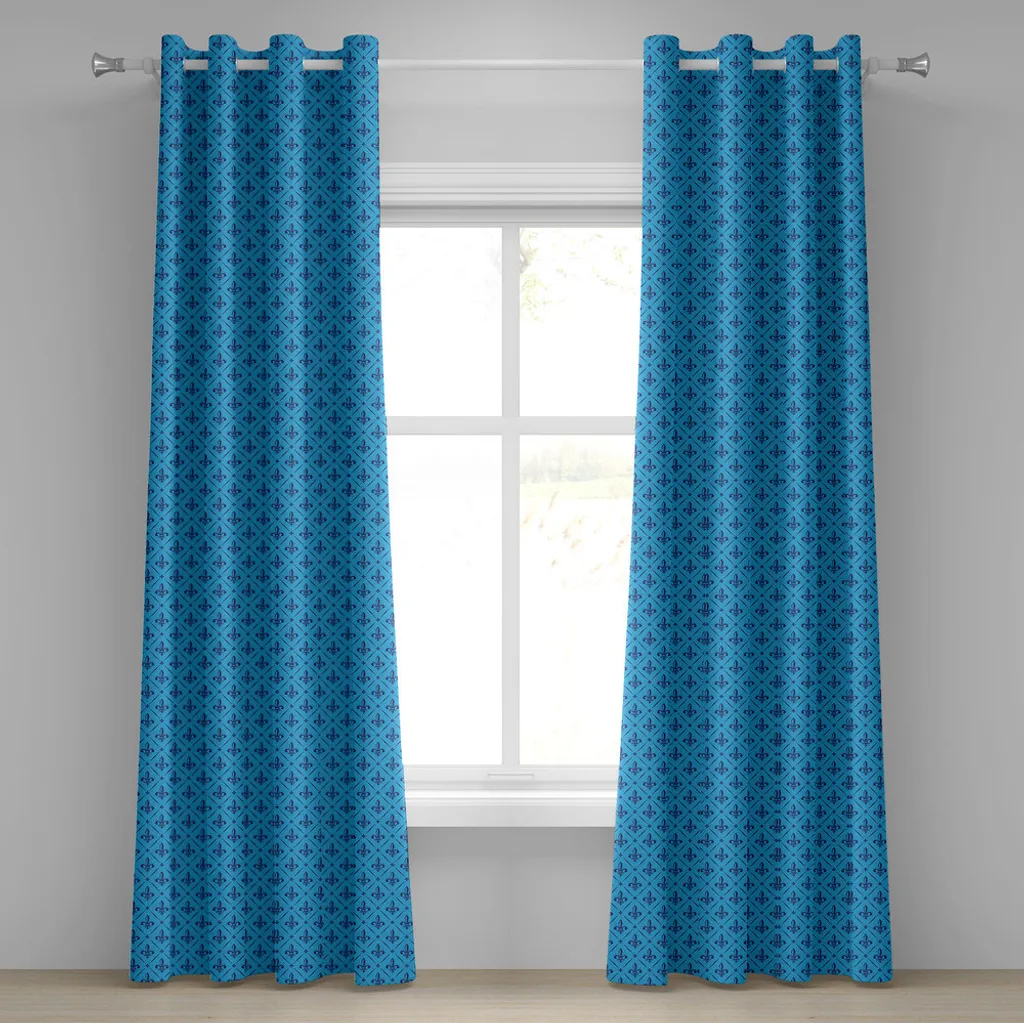 Rideaux de salon motif Fleur de Lys bleu marine - 2 Panneaux 175cm