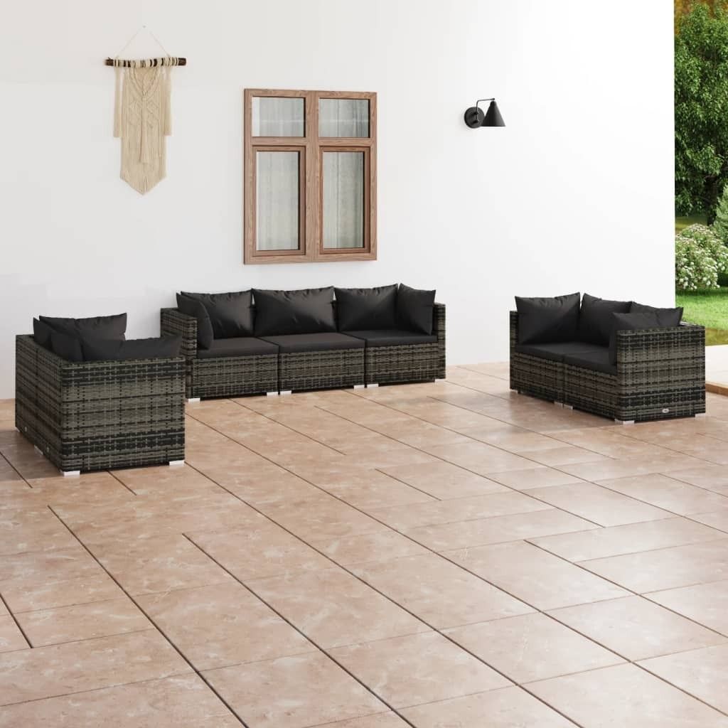Möbel 7-tlg. Garten-Lounge-Set mit Kissen Poly Rattan Grau - Balkonmöbel 3102269