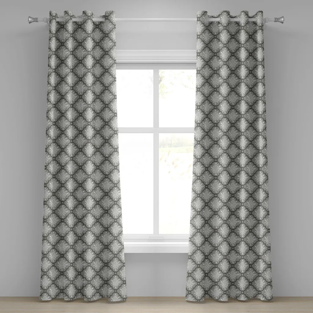 Rideau à œillets anti-plis et facile à poser motif damas gris/blanc