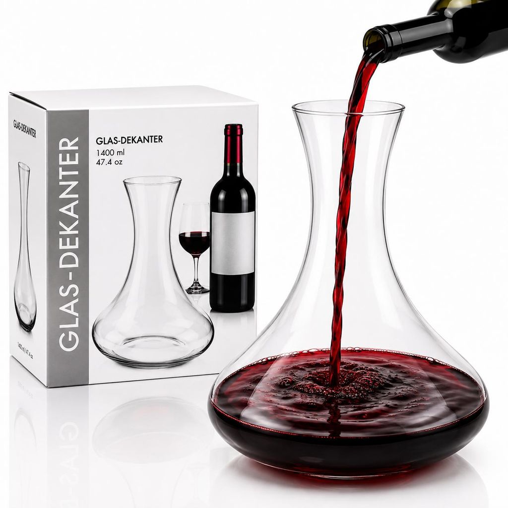 Weindekanter 1,4 L aus Glas – Weinkaraffe für Rotwein – Produktbild  KI-generiertes Bild