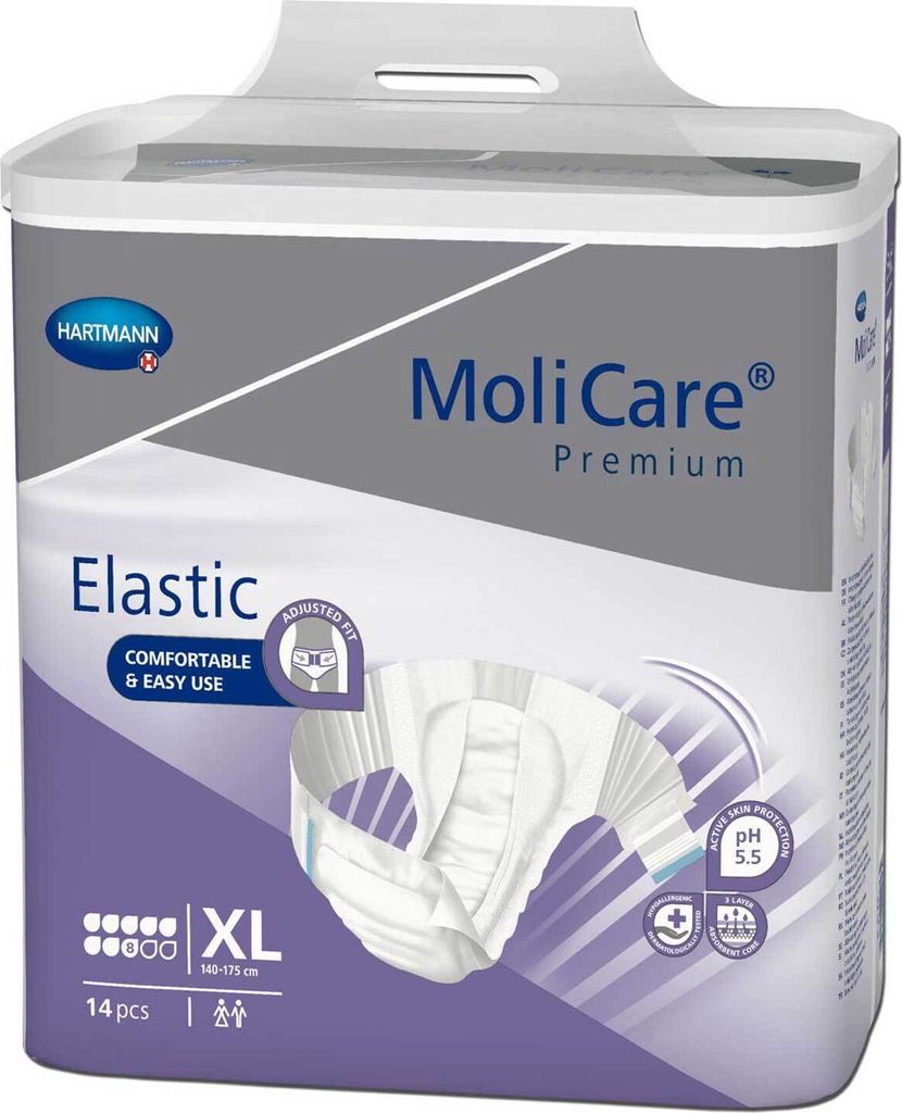 A package of Molicare Premium Elastic Slip adult diapers.