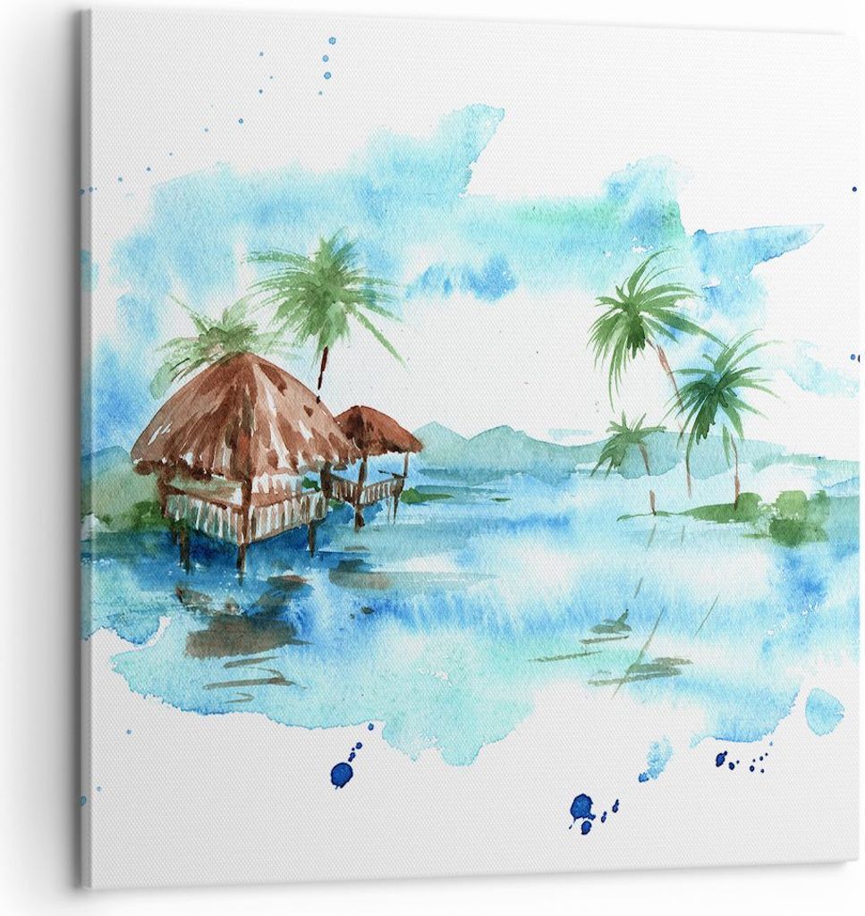 Bild auf Leinwand - Leinwandbild - Tropen Wasser Bungalow Ufer - 60x60cm - Wand Bild - Wanddeko - Leinwanddruck - Bilder - Kunstdruck - Wanddekorat...