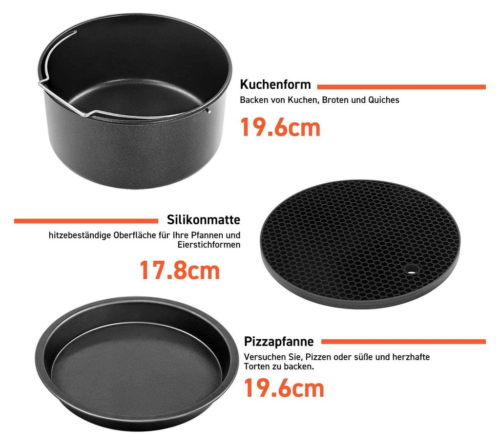 COSORI 6-teiliges Zubehörset Für Heißluftfritteusen (ab 3,5 L) – Backform, Pizza-Pfanne, Grillrost, Dämpfeinsatz & Mehr