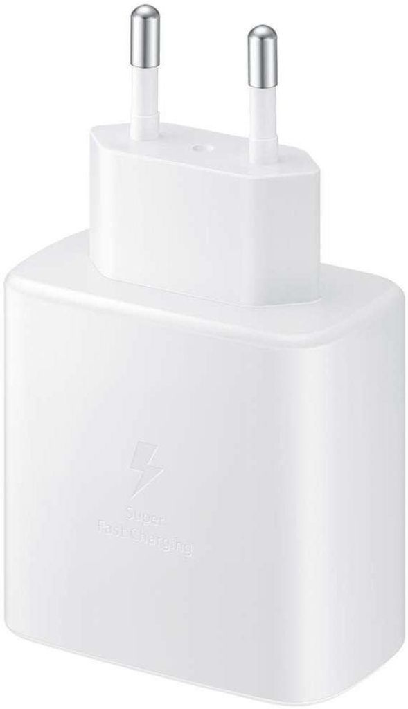 A white Samsung fast charging wall adapter with two prongs.