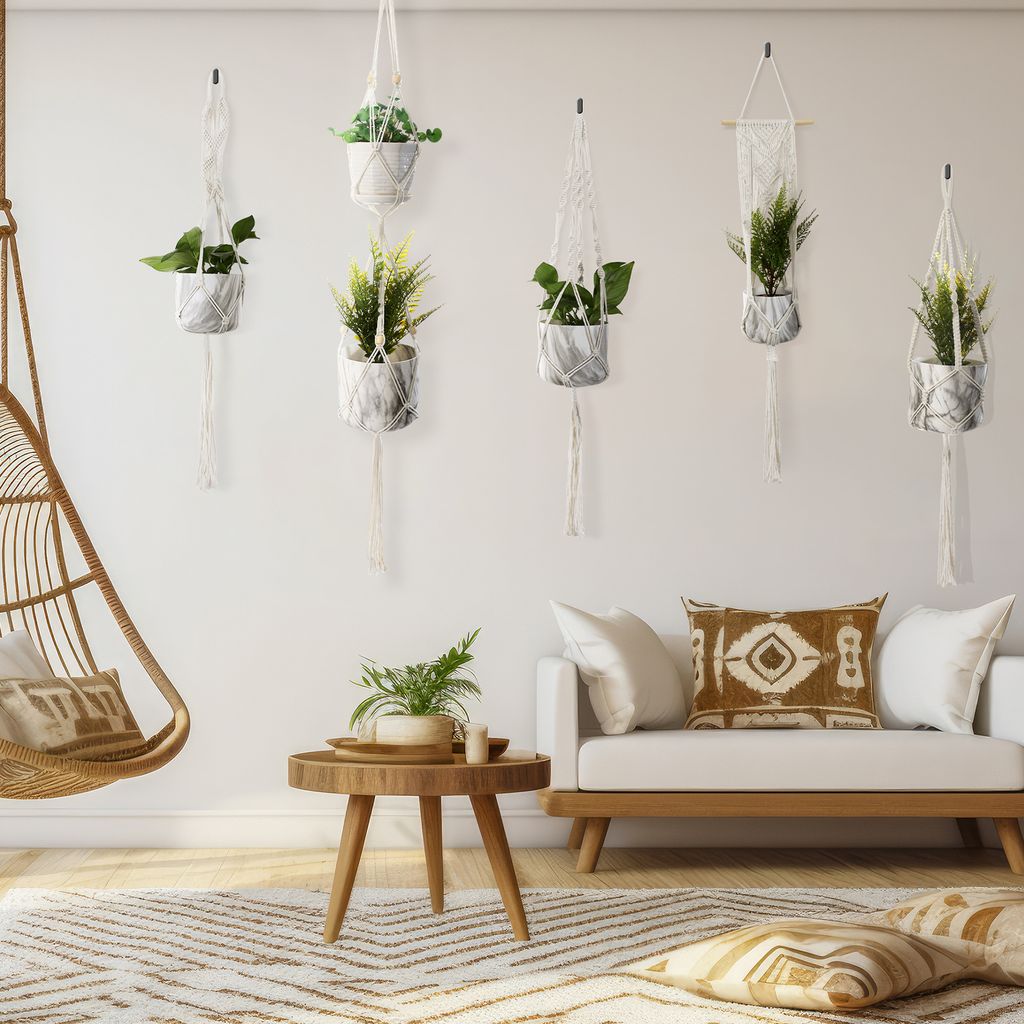 6er Set Makramee-Blumenampeln Aus Baumwolle – Hängekörbe Für Pflanzen, Deko Für Balkon & Zimmer