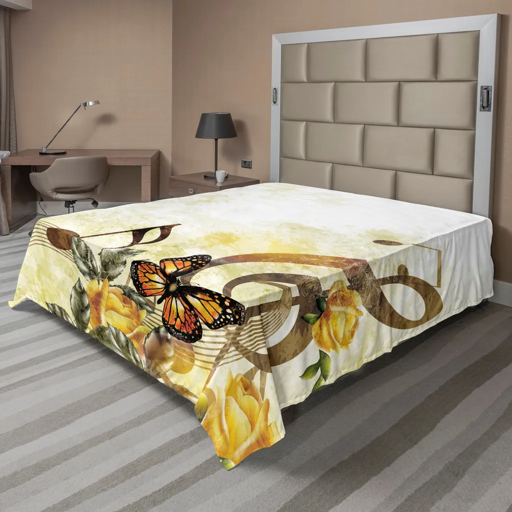 ABAKUHAUS Lenzuolo musicale, rose musicali, romantico, antico, vittoriano, classico, illustrazione floreale nuziale, lenzuolo superiore morbido e confortevole per un letto decorativo, 1 pezzo, 275 cm x 260 cm, seppia e giallo - 1
