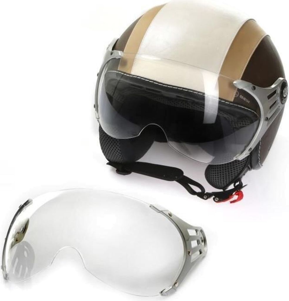 Motorradhelm Jethelm Rollerhelm CMX Chap weiß mit Leder braun inkl. Visier klar "L"