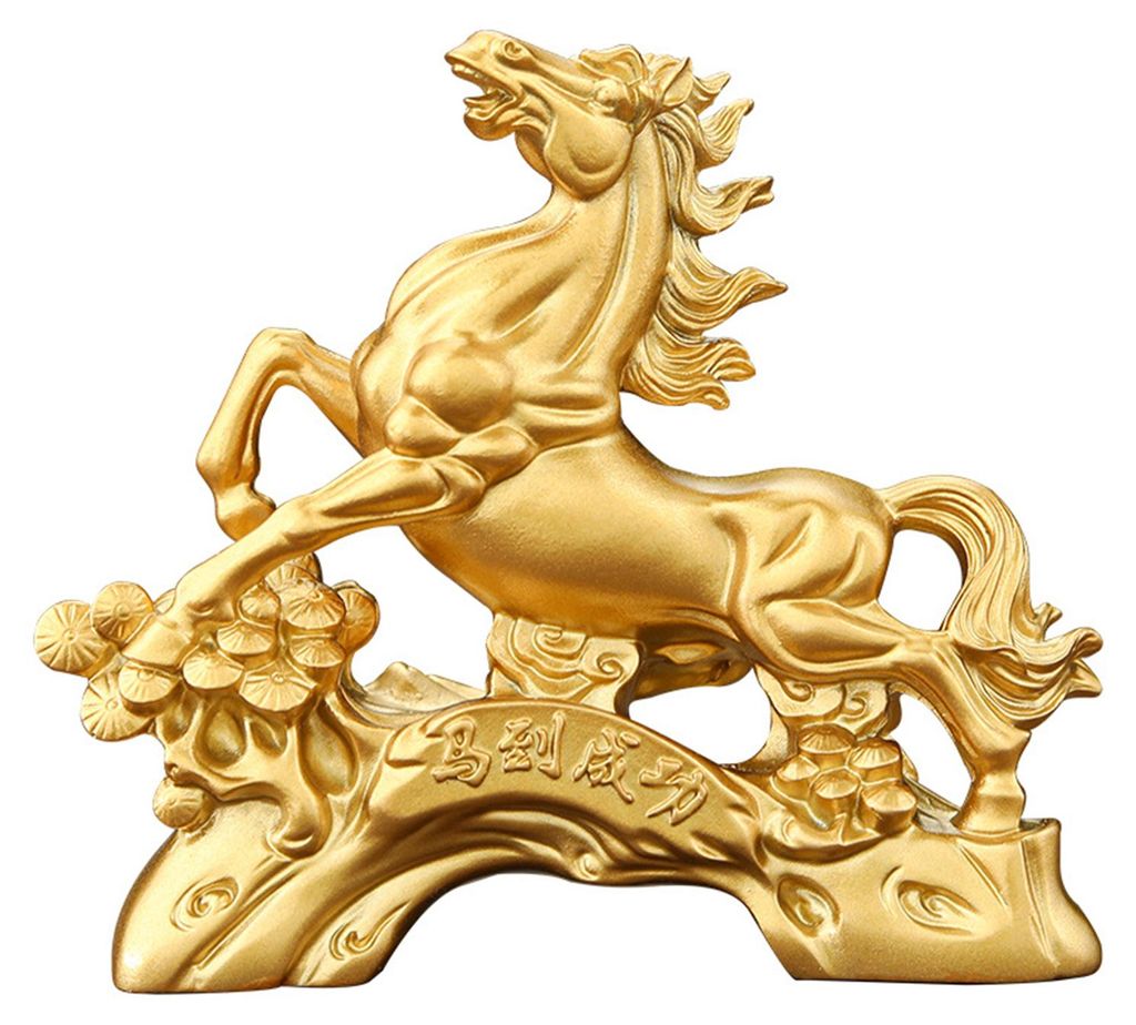 Goldene Pferdestatue aus Kunstharz, Feng Shui-Pferdeskulptur für das chinesische Tierkreiszeichen 2026, Sammlerfigur für Tisch, Kaminsims, Heim- ...