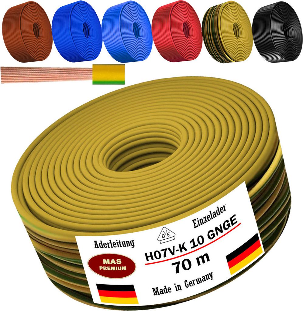 70m Aderleitung H07 V-K GNGE 1x10 mm² Grüngelb Einzelader flexibel