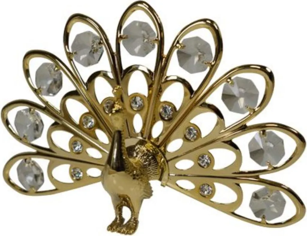 Figurine Paon Décorative en Cristal de Swarovski et Finition Or 24K