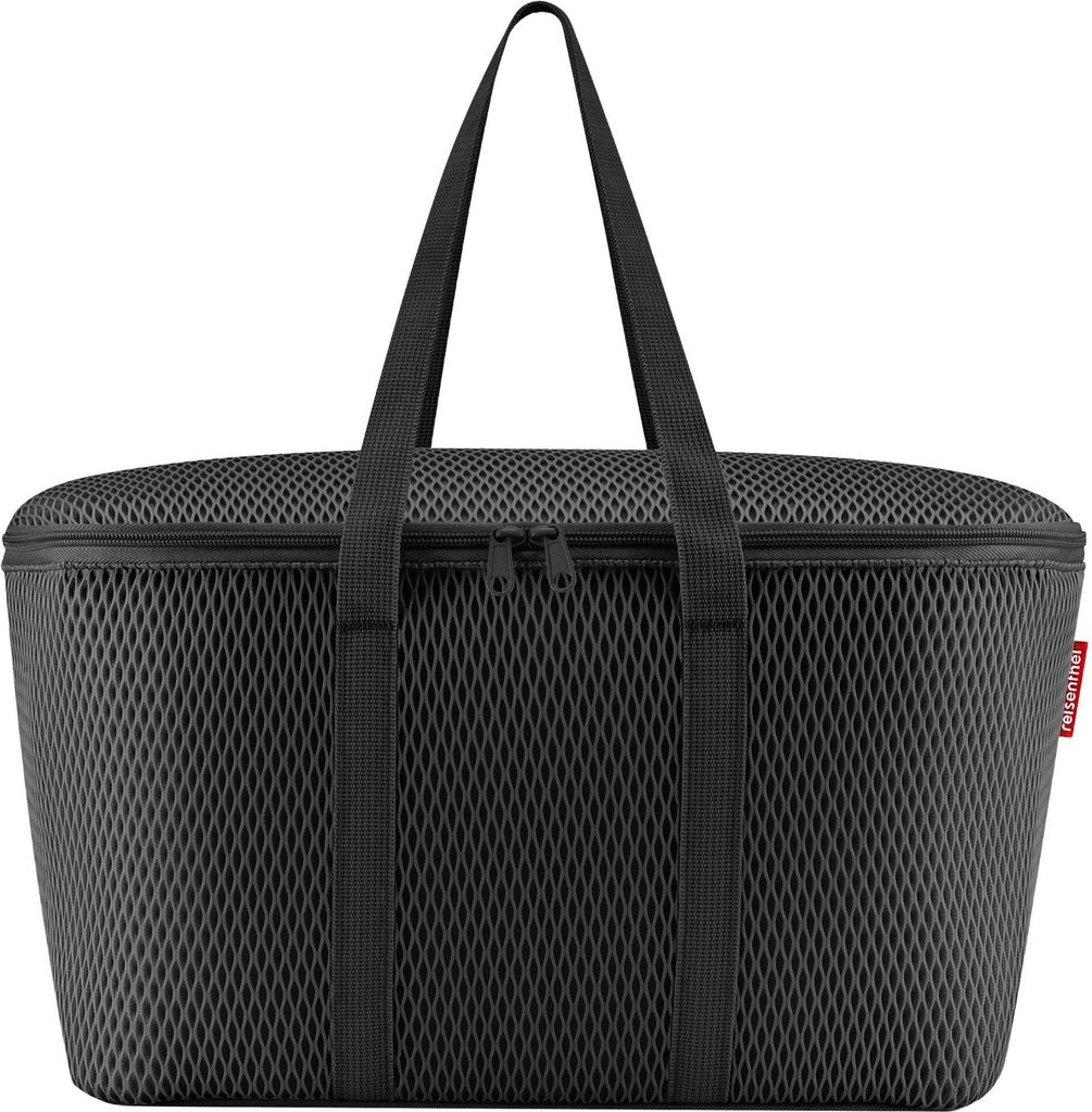 A black insulated bag with handles and a zipper closure.