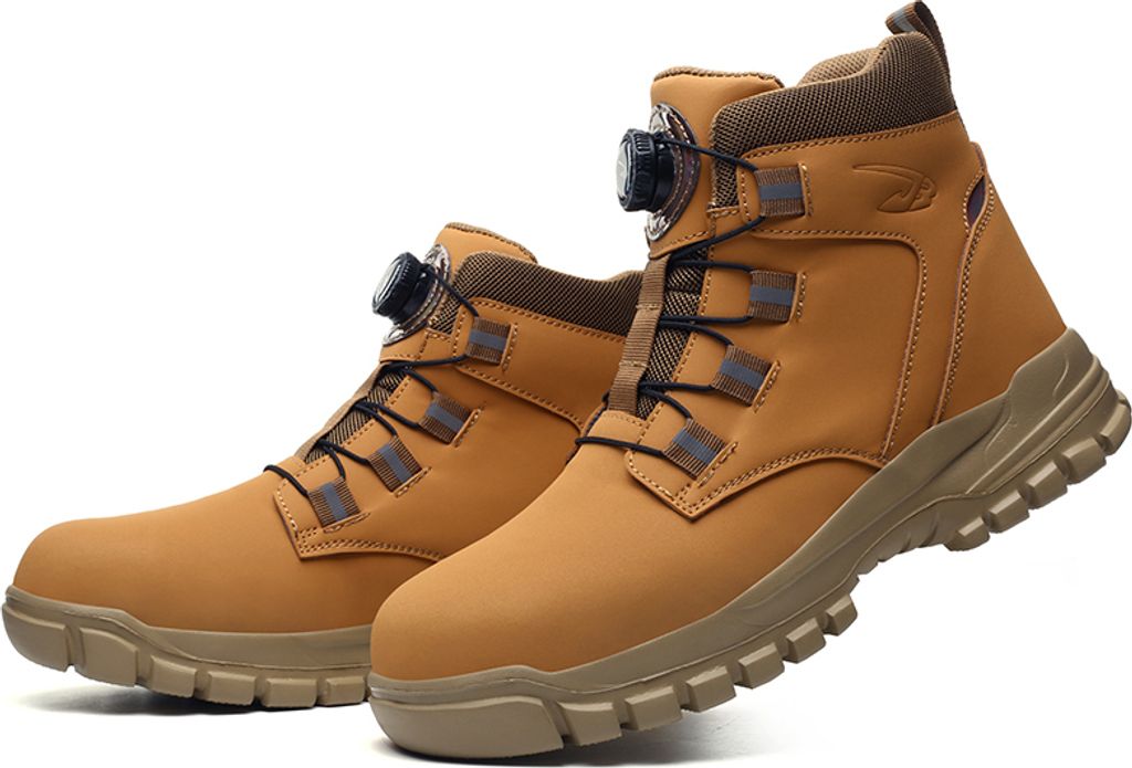 A pair of brown work boots with a black dial closure system, presented against a white background.