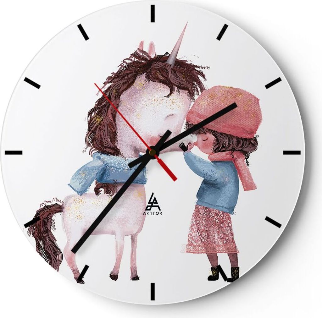 Wanduhr - Rund - Glasuhr - Einhorn Mädchen Kinder - 40x40cm - Schleichendes Uhrwerk - Lautlos - zum Aufhängen bereit - Dekoration Modern - Wandde...