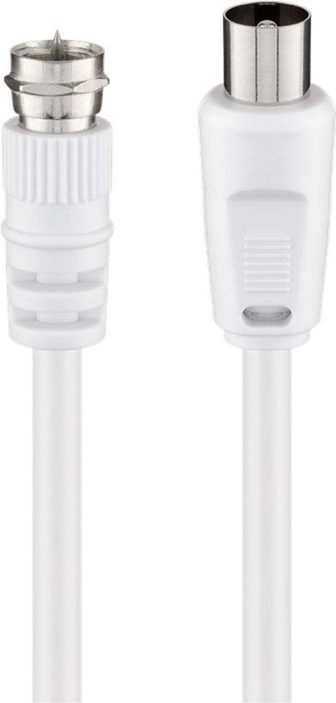 A close-up studio shot of two white coaxial cables with silver connectors against a white background.