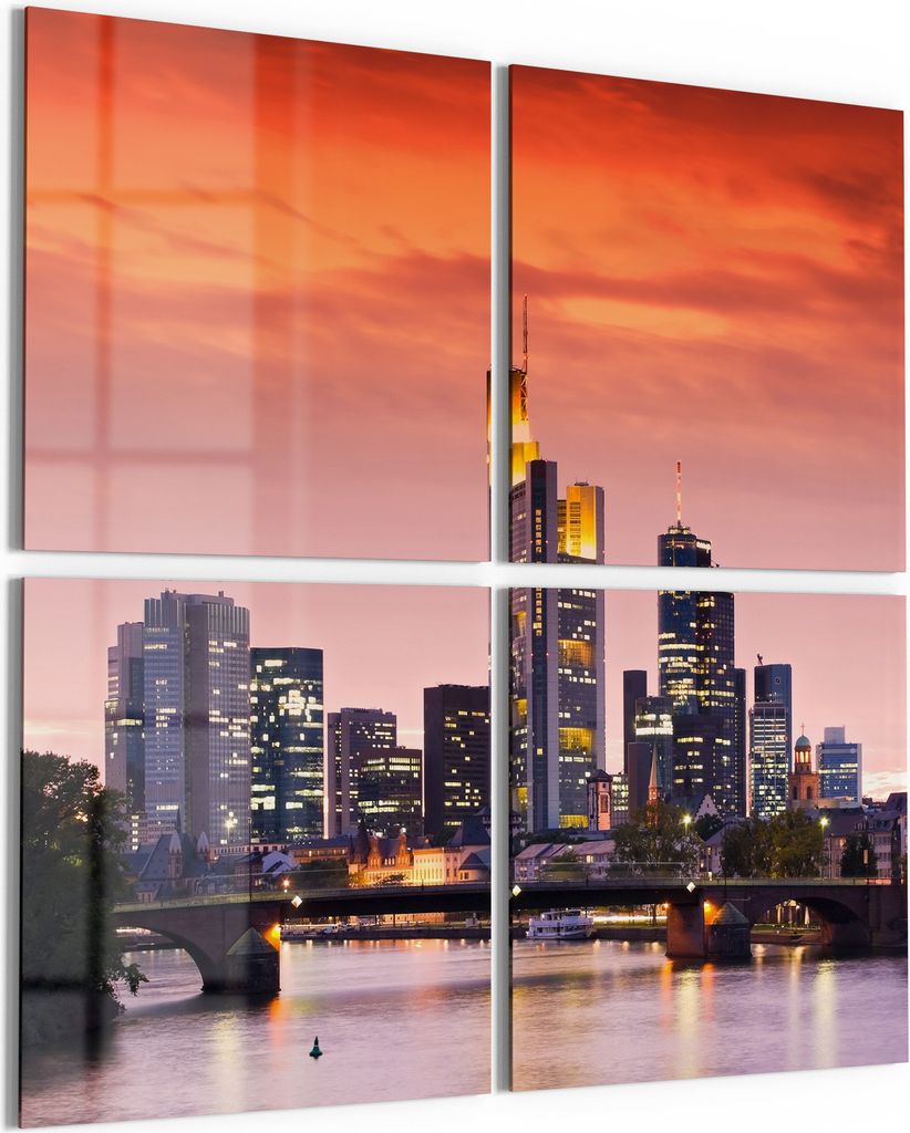 DEQORI Glasbild Echtglas 4x50x50 cm 'Frankfurt im Abendglanz' Wandbilder XXL groß