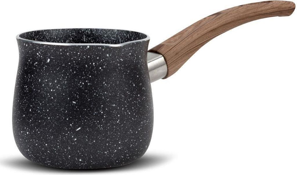 A black speckled coffee pot with a wooden handle is shown against a white background.