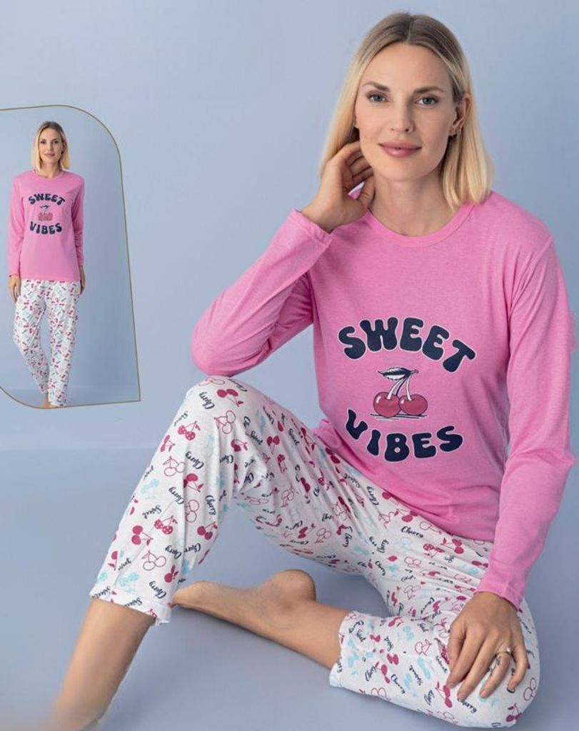 Damen Pyjama Schlafanzug Rosa XXL Lang Warm 2-Teiler Set C-62