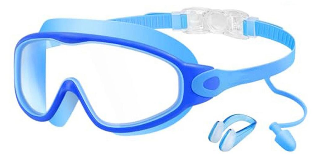 Schwimmbrille für Kinder mit Nasenclip und Ohrstöpseln, beschlagfrei, UV-Schutz, bruchsichere Gläser für Jungen und Mädchen