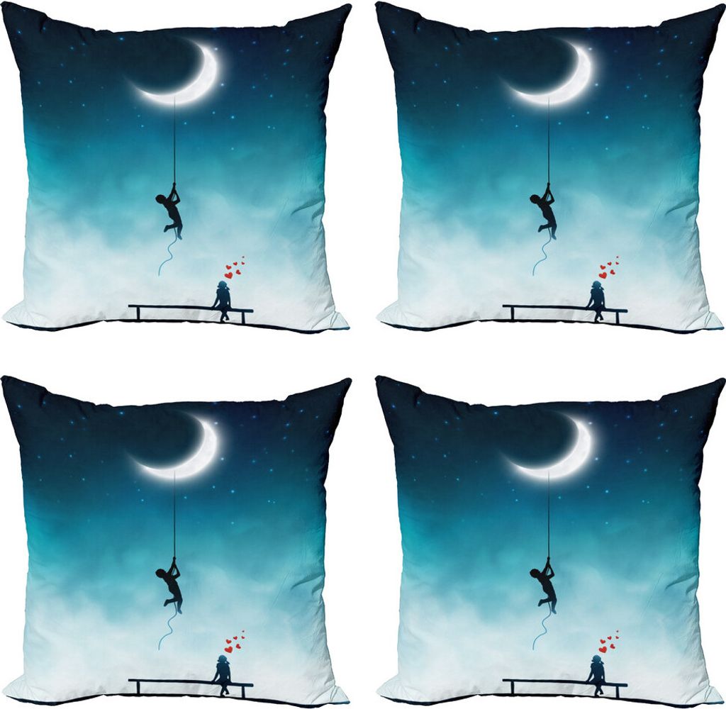 ABAKUHAUS Fantasie Kissenbezug Set (4 Stück), Boy Klettern zum Mond, Moderner Doppelseitiger Digitaldruck, 50 cm x 50 cm, Teal und Weiß
