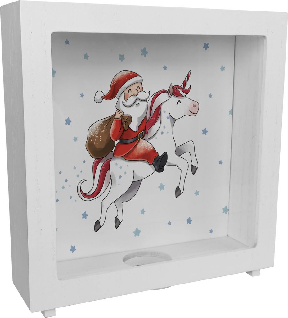 Weihnachtsmann auf Einhorn Rahmen Spardose aus Holz