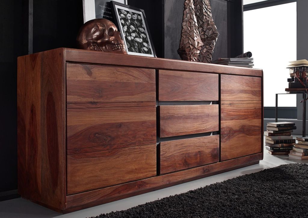 MASSIVMOEBEL24 Sideboard Sheesham 187x46x77 noble unique lackiert SYDNEY #107