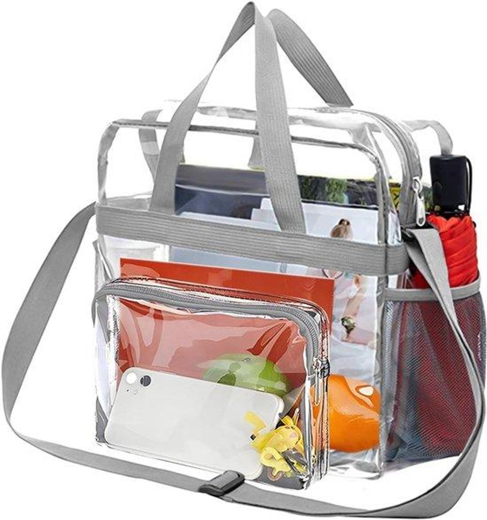 PVC-Tas mit Wasserfestigkeit, mehreren Taschen und Transparenz, geeignet für Arbeit, Sport und Konzerte.