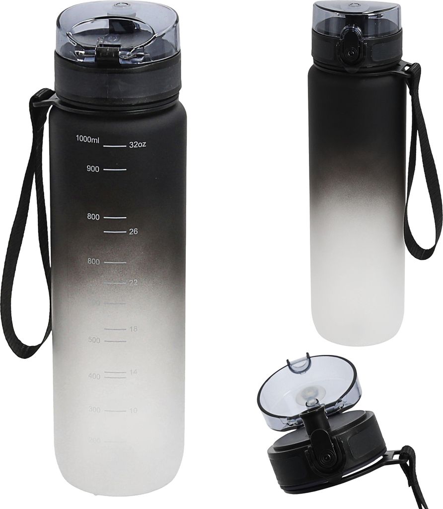 Trinkflasche 1000ml Sport PET PP PE 7,5x28cm schwarz weiß Produktbild 