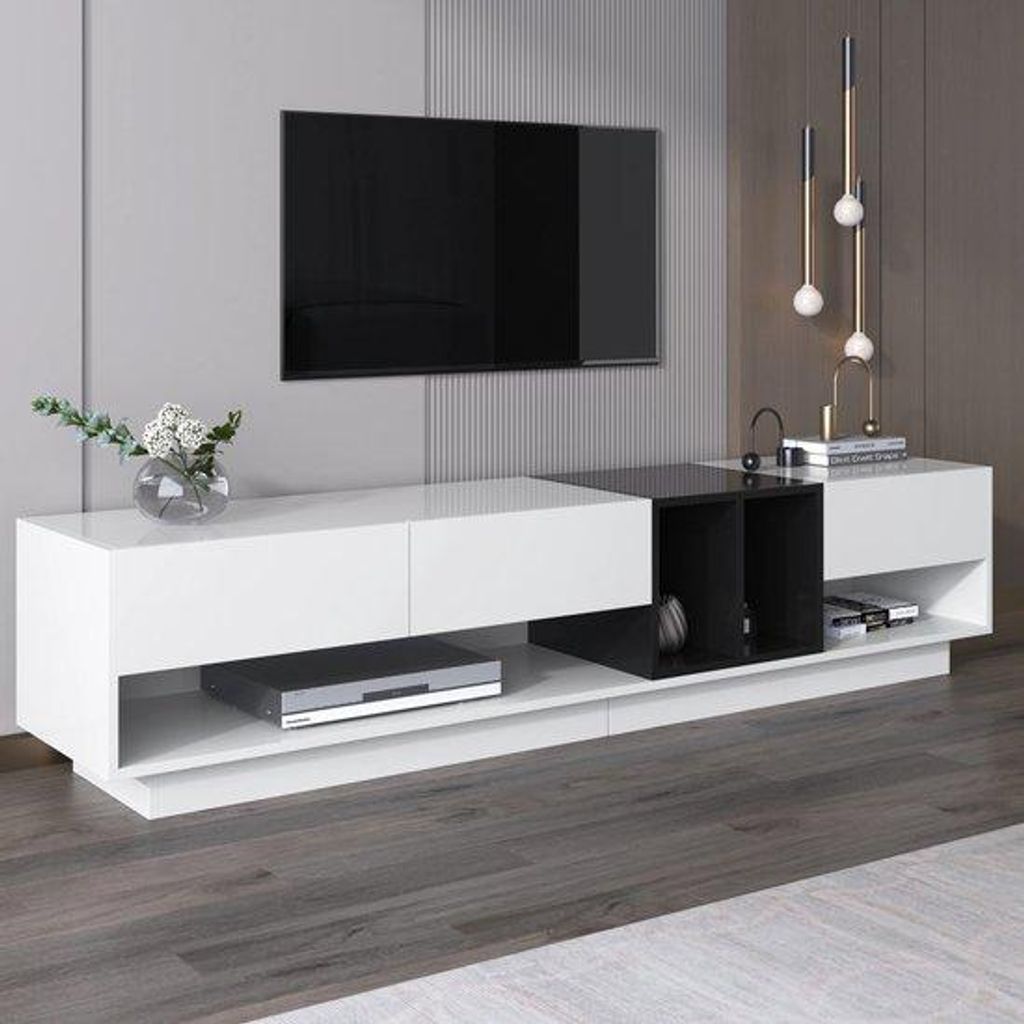 TV-Entertainment-Cabinet - Hochglanz Weiß und Schwarz - Moderne Design - Funktionelle Aufbewahrungskompartimente