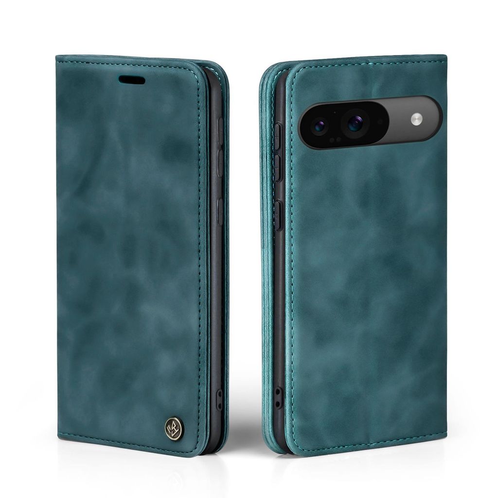 A teal flip-style phone case for a Google Pixel 9 / 9 Pro is shown from two angles against a white background.