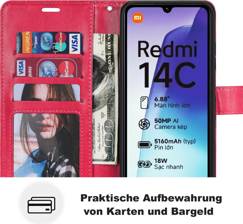 Handy Tasche für Xiaomi Redmi 14C / Poco C75 Hülle Handyhülle Klapphülle Wallet Case in Rot