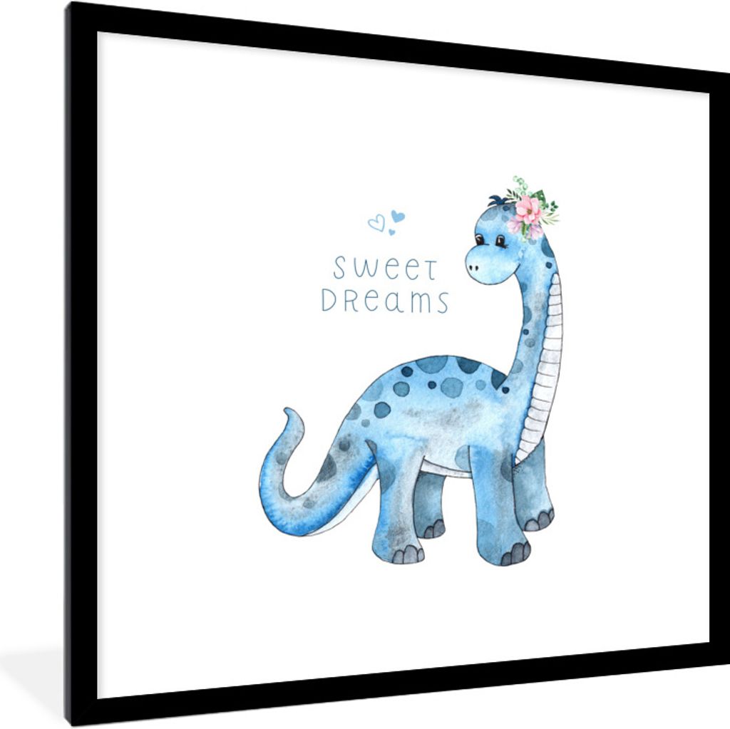 MuchoWow Gerahmtes Poster Kinderzimmer - Süße Träume - Dinosaurier - Jungen - Kinder - Kinder 40x40 cm - Poster mit Schwarzem Bilderrahmen Wan...