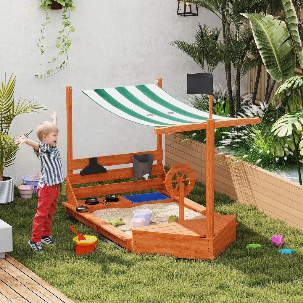 KIDIZ – Bac à Sable Ahoi Pirate – Bateau En Bois Avec Couvercle, Bâche, Banc, Mât Et Drapeau – Grand 94 Cm X 2 M – Jardin