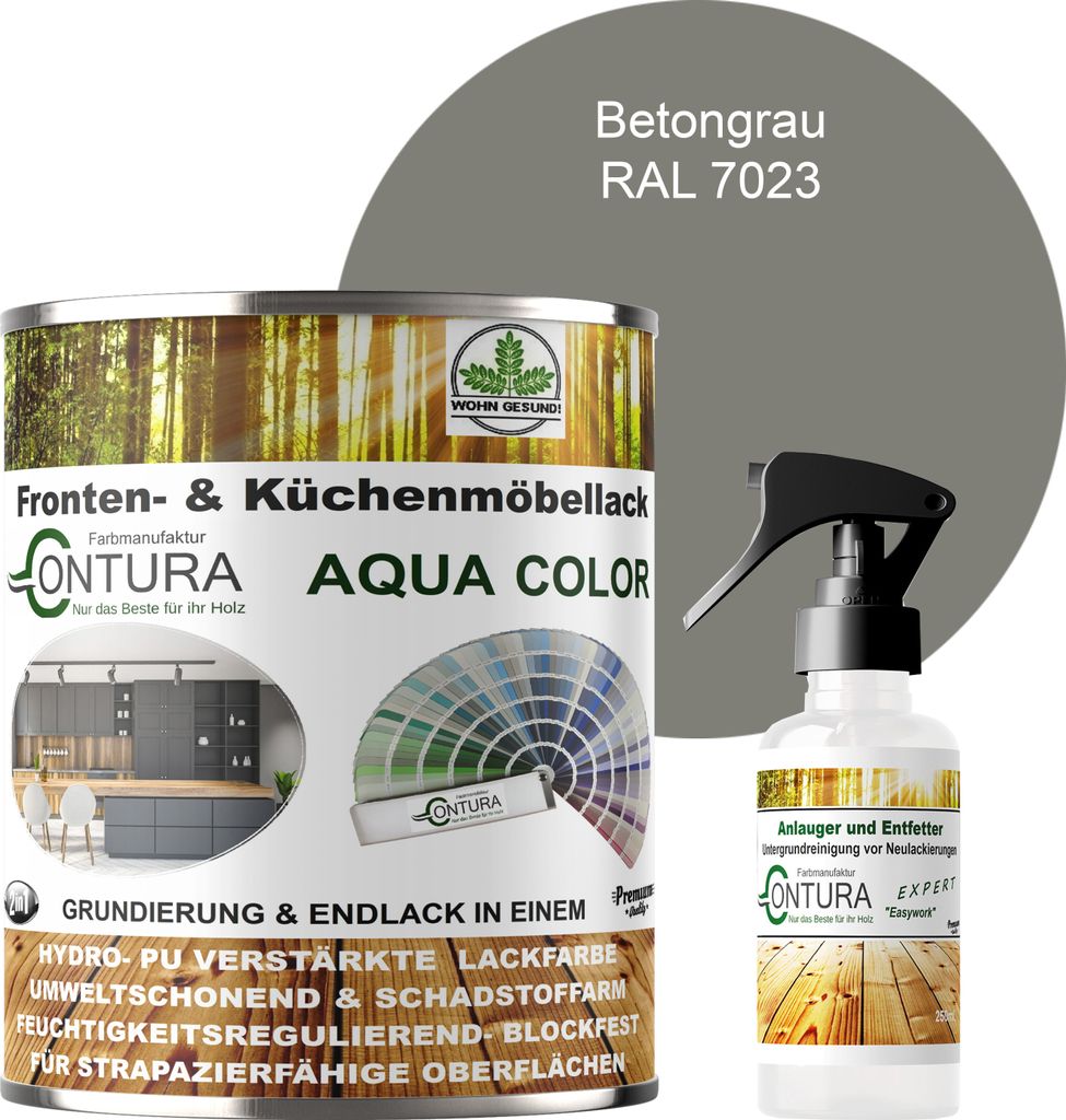 750ml. + Anlauger - Contura Küchenmöbellack RAL Möbellack SEIDENMATT SET Möbelfarbe Holzlack Buntlack Küchenlack - RAL 7023 Beton Grau