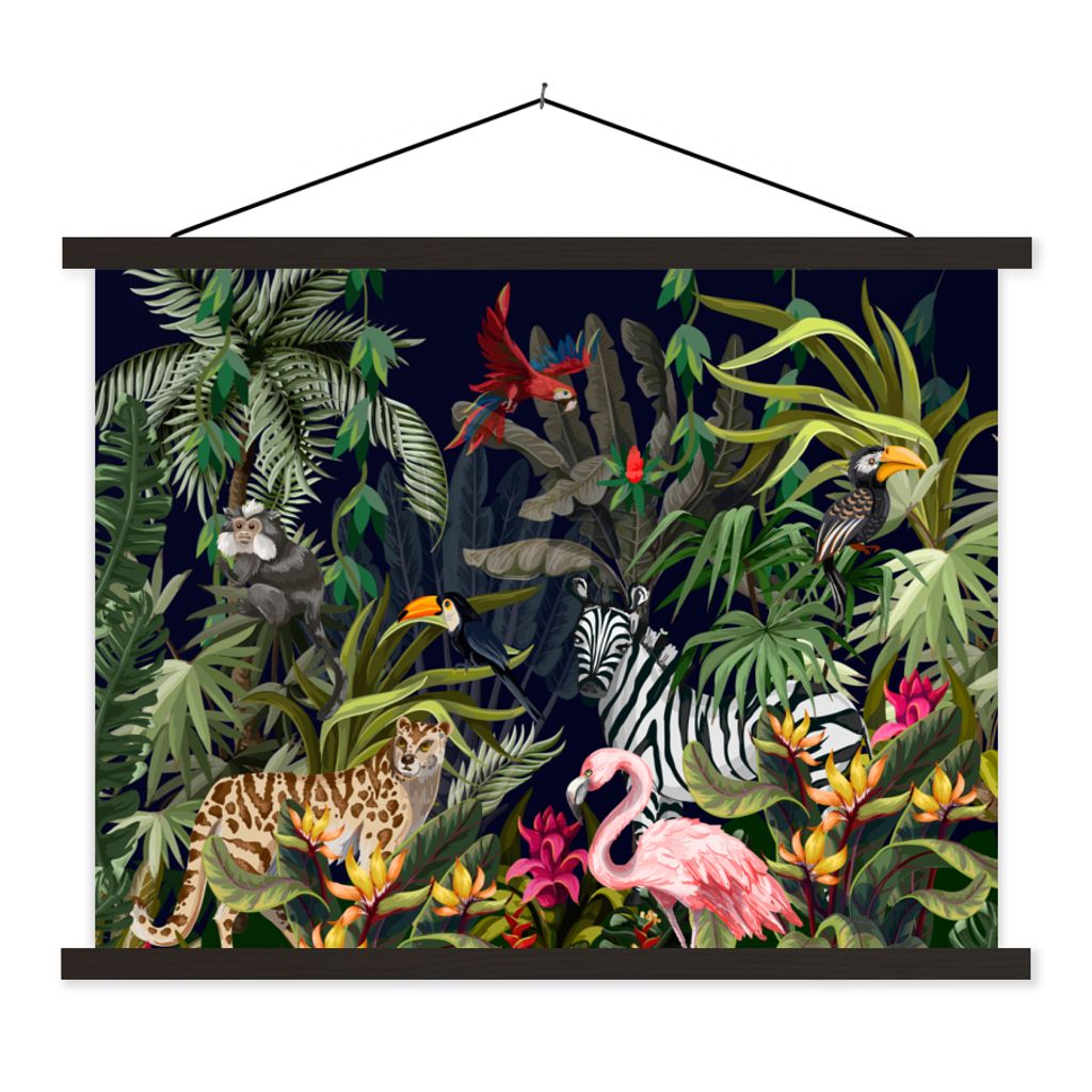 MuchoWow Textilposter Dschungeltiere - Natur - Jungen - Mädchen - Flamingo - Zebra 60x45 cm mit schwarzem Rahmen - Poster Schlafzimmer