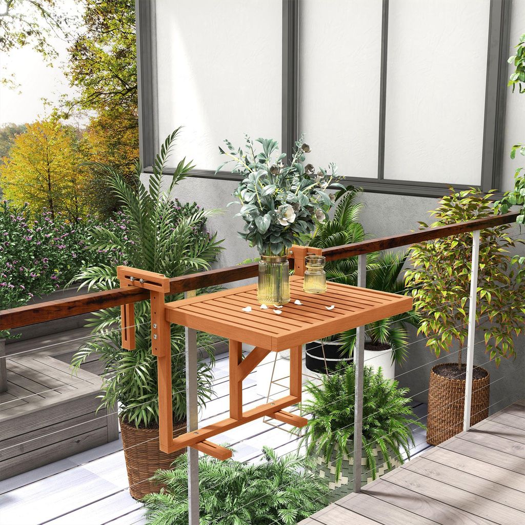 Balkontisch klappbar, Gartentisch höhenverstellbar, Klapptisch Outdoor wetterfest, Teak-Optik | 68 x 65 x 55 cm | 5,5 kg | Kiefernholz