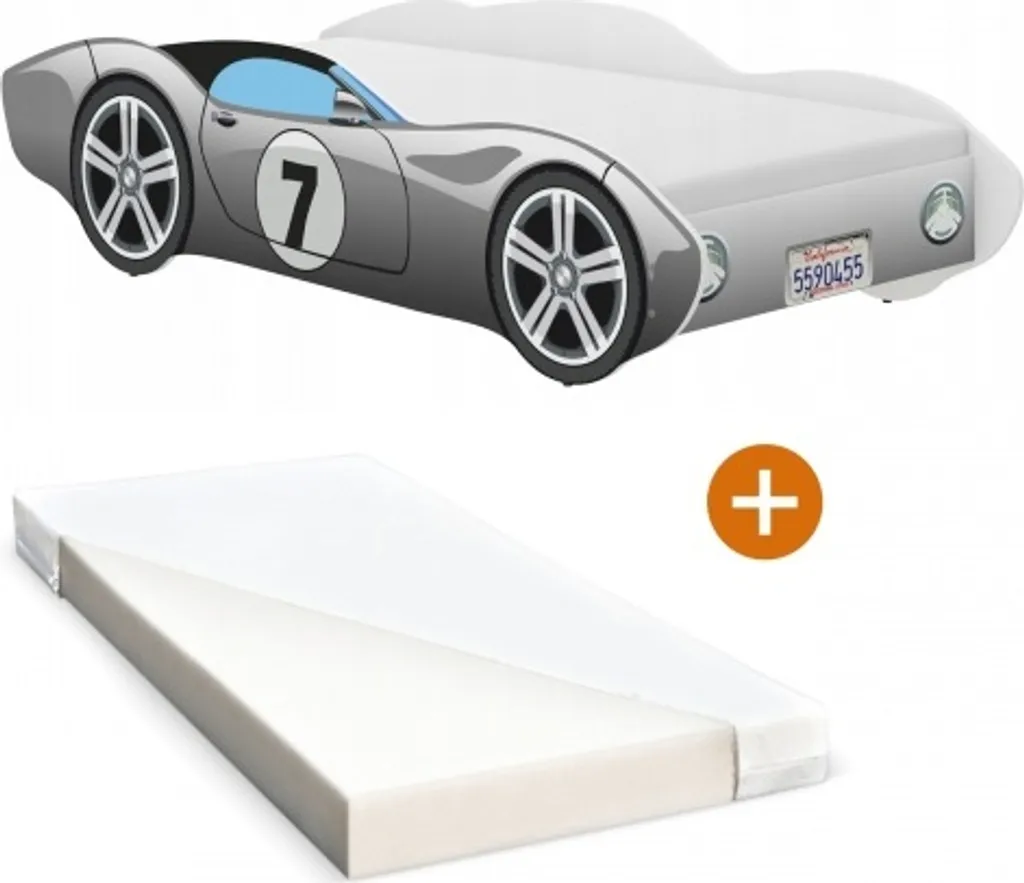 Lit Junior Forme Voiture de Course Gris avec Matelas 140x70 pour Enfant
