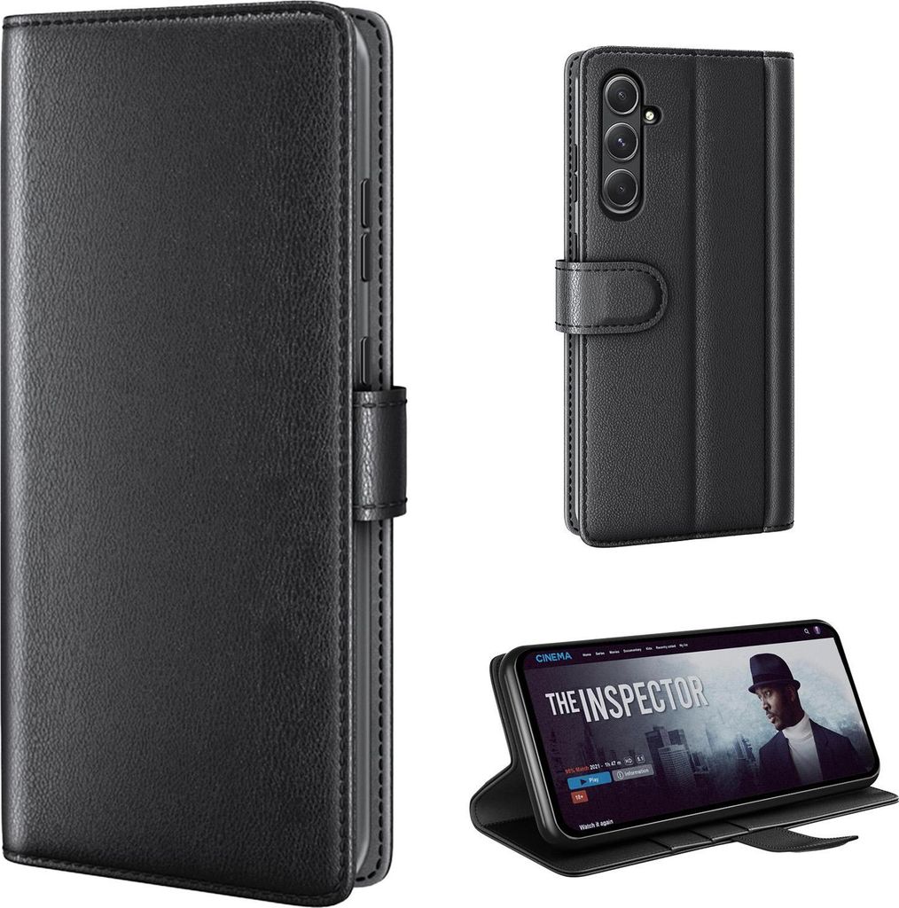 Echtleder Handyhülle für Samsung Galaxy A15 / A15 5G Lederhülle Cover Case Tasche Klapphülle Fliphülle Leder Hülle Farbe: Schwarz