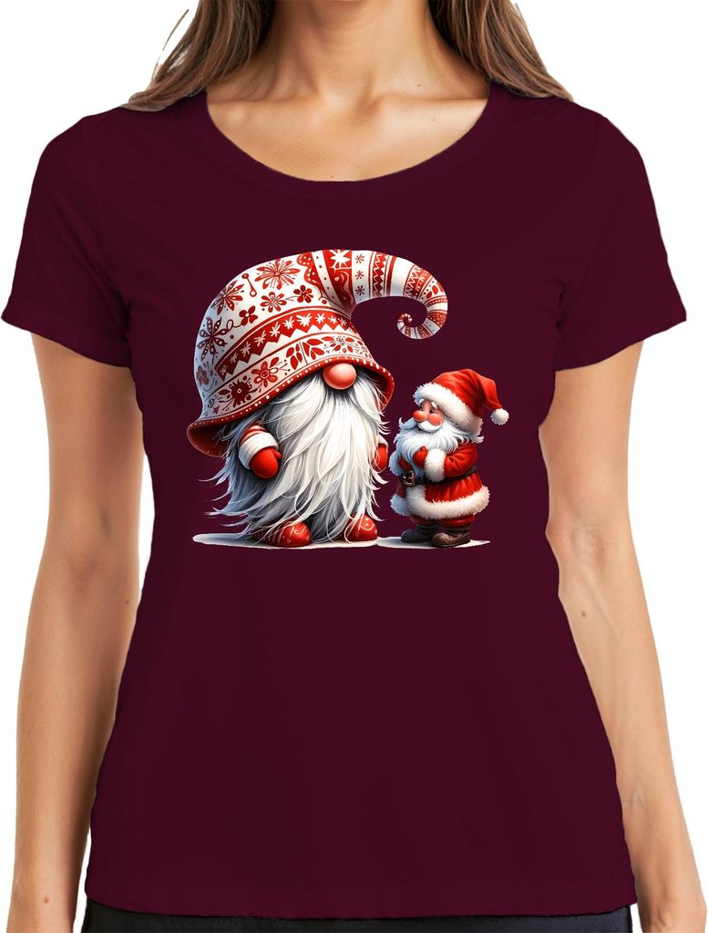 Niedliche Weihnachtsmänner mit kreativem Hut Weihnachtsdeko Zwerg Damen T-Shirt, Burgundy, XXL