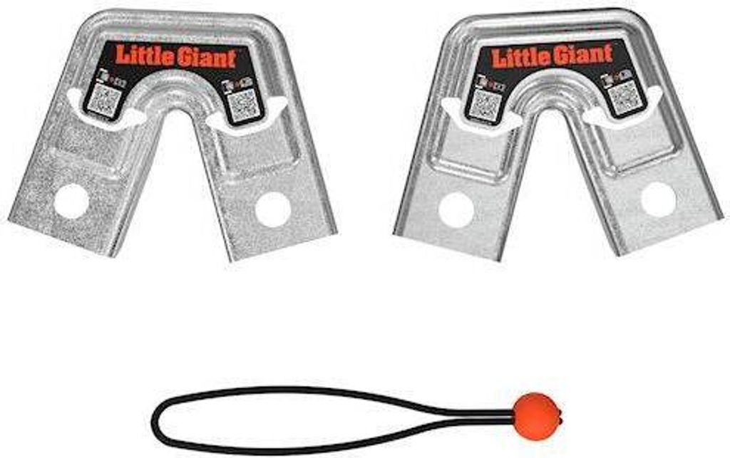 Two metal brackets and a black cord with an orange ball.