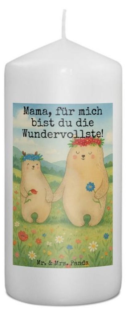 Mr. & Mrs. Panda Kerze Bären mit Blumenkranz Design 15 x 7 cm - Weiß - Geschenk, Familie, Erinnerungskerze, Mutter, Vorbild, Zylinderkerze, Block...
