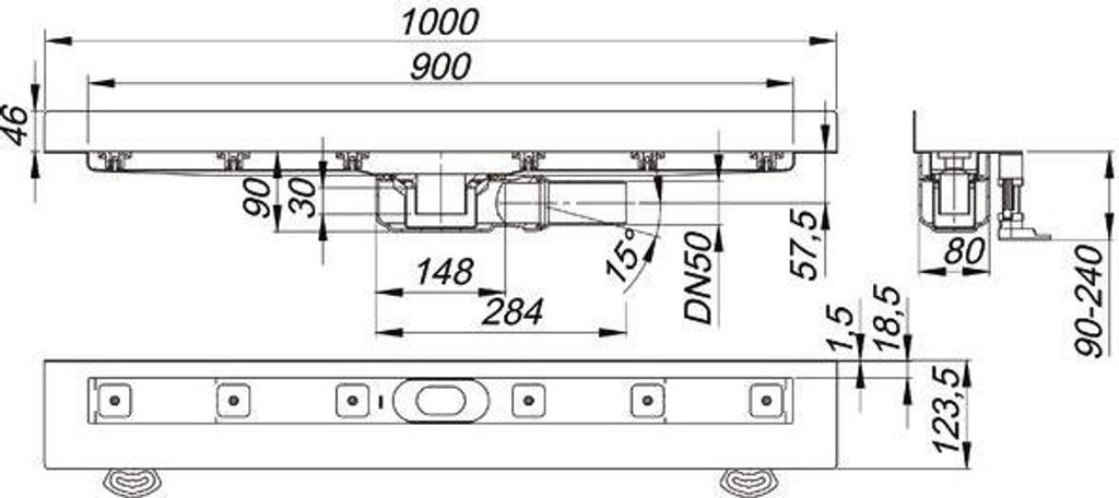 DALLMER Duschrinne CeraLine PLAN W 900mm, DN 50 Bauhöhe 90mm, 523150