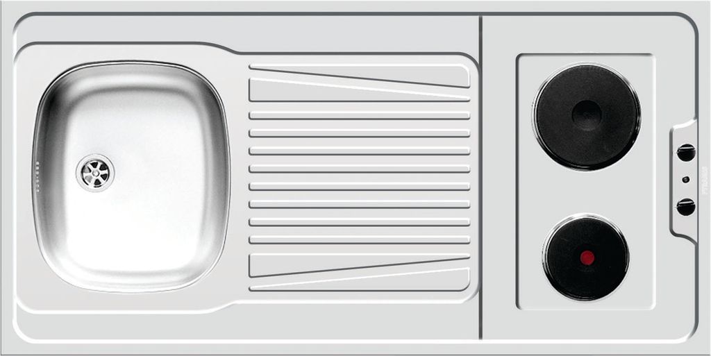 A top-down view of a sink and stovetop combination unit.