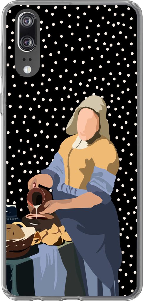 MuchoWow Handyhülle Schutzhülle Hülle für Telefoonhoesje Huawei P20 Alte Meister - Milchmädchen - Polka dots - Schwarz Silikon Softcase Hand...