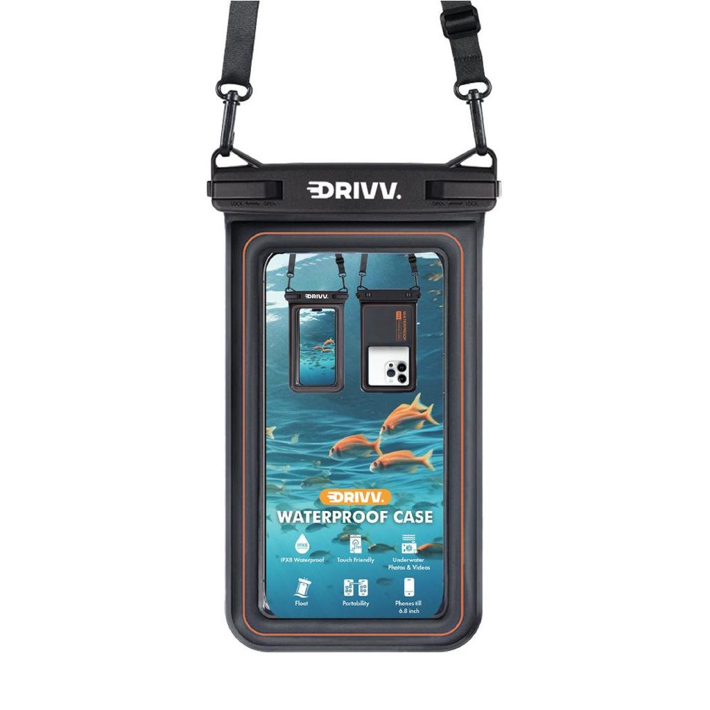 A black waterproof phone case with an orange trim, shown with a strap, displaying a scene of fish underwater on its screen.