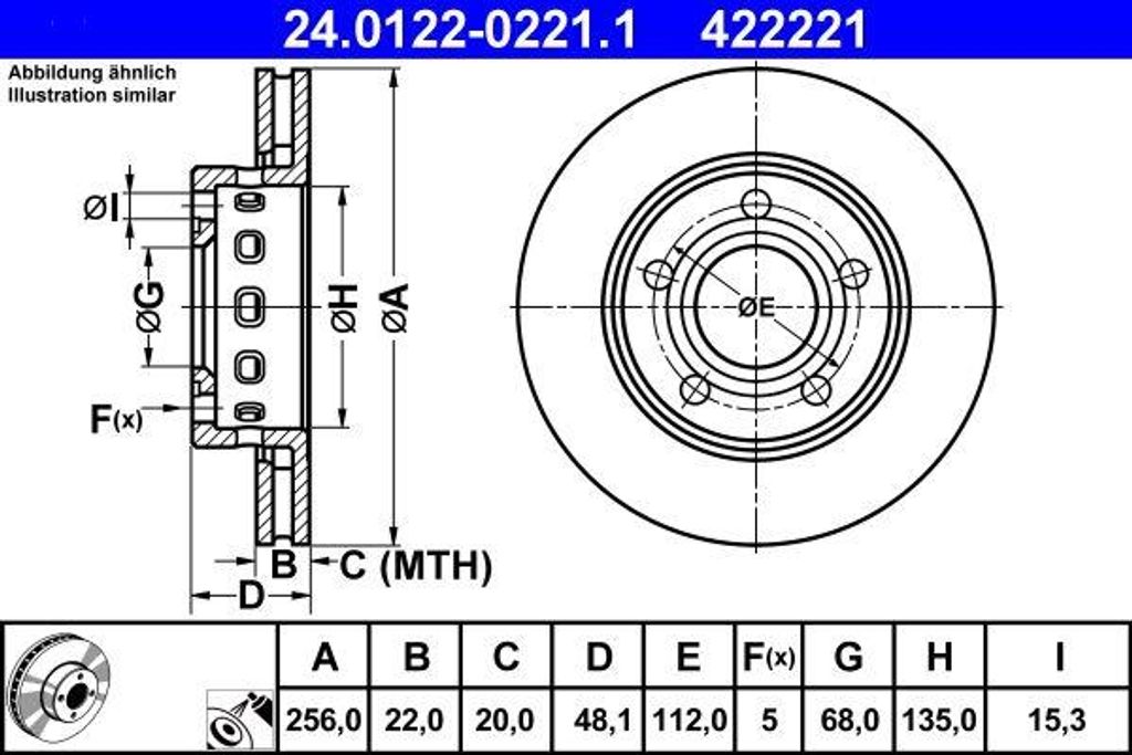 ATE 24.0122-0221.1 Bremsscheibe OE 3B0615601B kompatibel mit A4 8D, Passat 3B