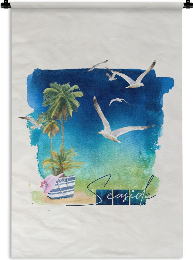 MuchoWow Wandteppich Wandbehang Strandtasche - Vogel - Palme - Strand 90x135 cm Tapisserie Dekoration Wandtuch - Baumwolle - Wandskulptur
