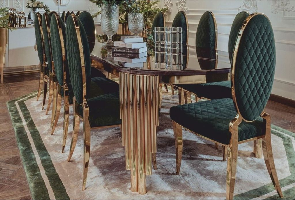 Casa Padrino Luxus Esstisch mit Kunstmarmor Tischplatte Schwarz / Gold 240 cm - Esszimmer Möbel