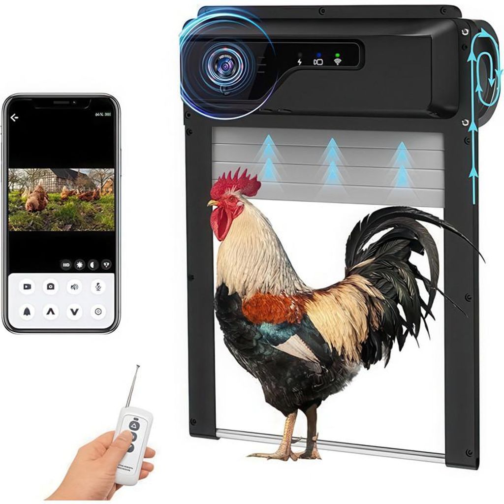 Automatische Hühnerstalltür mit 1080P Kamera – Solar 5000mAh Akku WiFi App Steuerung | Timer & Alarm einfache Montage