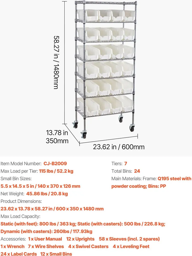 Étagère mobile 24 bacs de tri sur 7 étages, structure métal 148 cm - 7