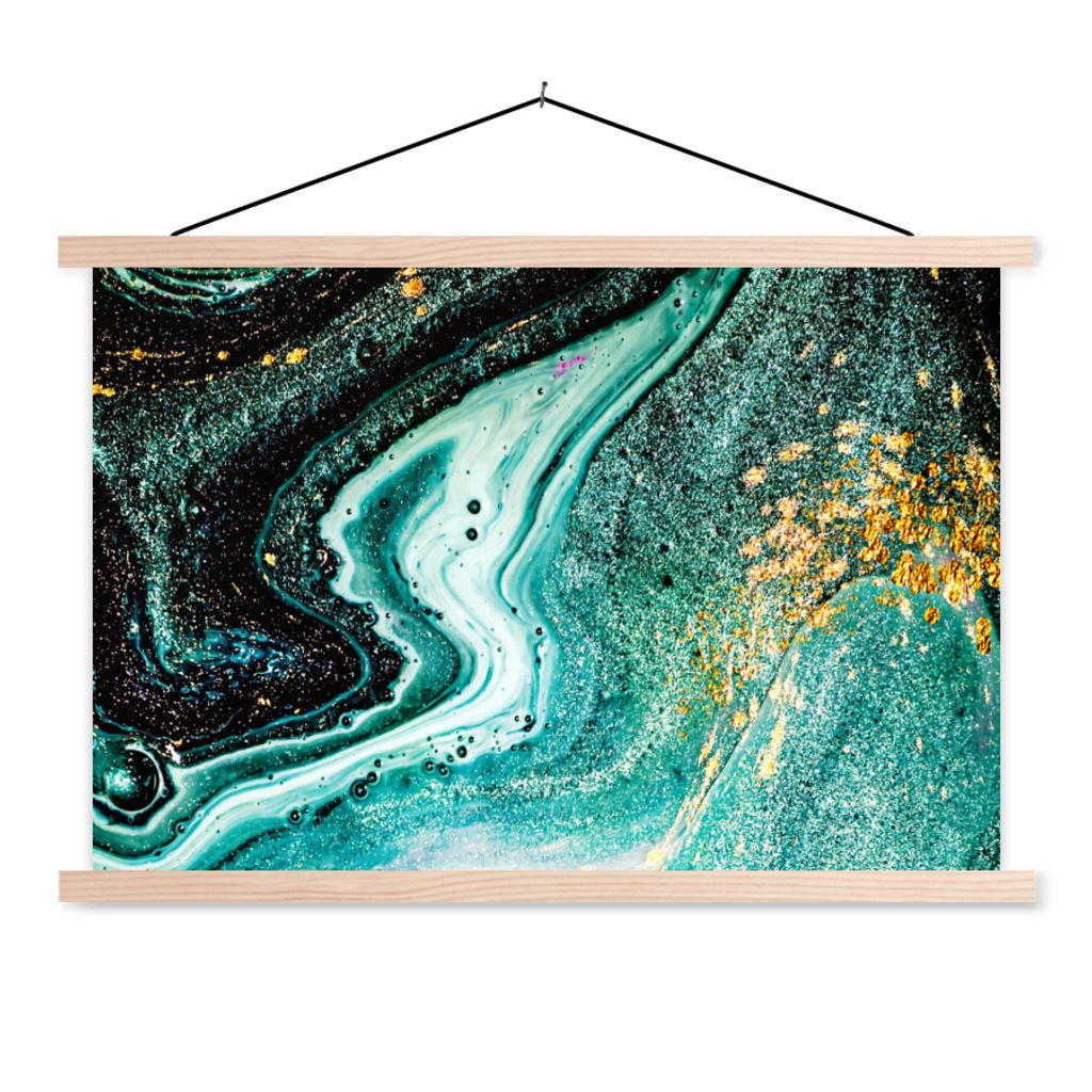 MuchoWow Textilposter Marmoroptik - Blau - Gold - Glitzer - Luxus - Marmor 120x80 cm mit holzfarbenen Rahmen - Aufhängeset